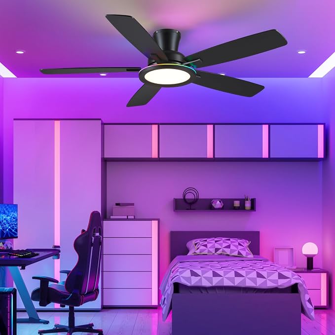 BYKISTOK Flush Mount Ceiling Fan with RGB Light - 52In Black Ceiling Fan Light with Reversible Mute Motor, LED 3CCT Dimmable, Low Profile Modern Ceiling Fans for Indoor, Party, Covered Outdoor