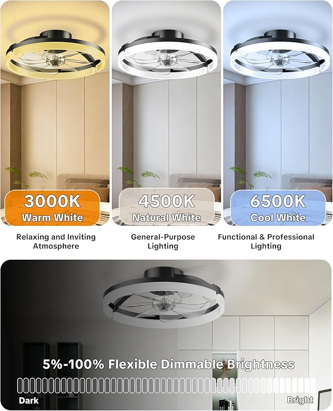Ceiling Fans with Lights and Remote, Low Profile Ceiling Fan, Morden Flush Mount LED Fan Light, 3000K-6500K Dimmable for Bedroom, Kitchen, Living Room, Frosted, Black