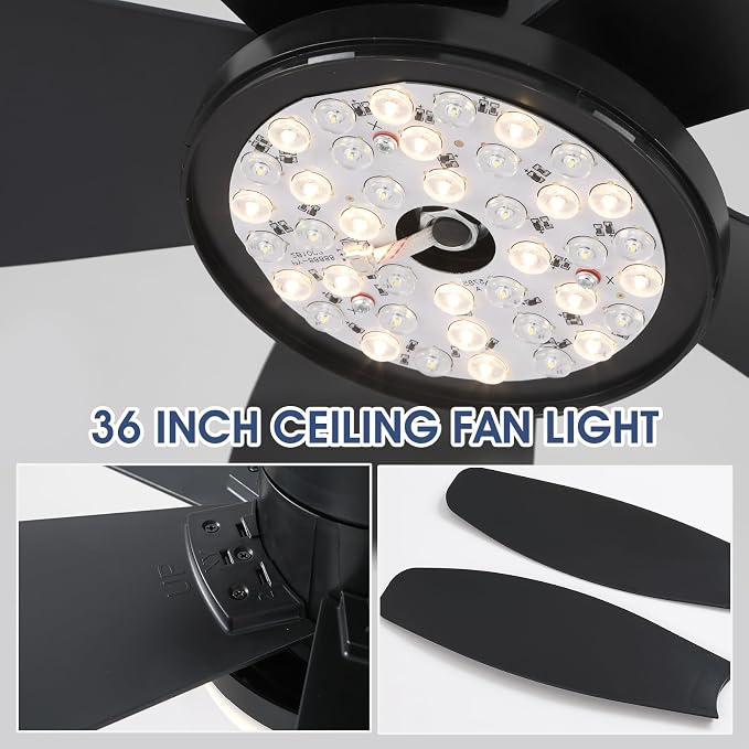 Surtime Flush Mount RGB Ceiling Fans with Lights-36 Low Profile Ceiling Fan with Light and Remote/APP Control,DC Reversible,LED Dimmable Blakc Ceiling Fans for Bedroom,Indoor/Outdoor Patio Use