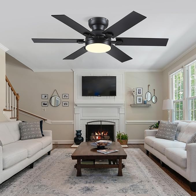 52"Modern 6-Blades Black Low Profile Flush Mount Ceiling Fans with Light | Supports Remote and APP,6 Wind Speeds, Reversible, Dimmable 3 Light Colors LED Light, Quiet DC Motor,6 Double-Sided Blades