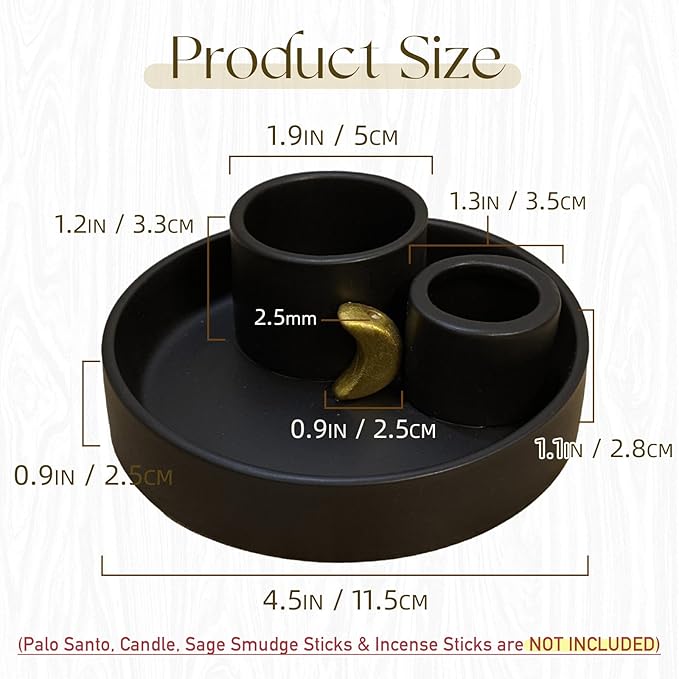 4 in 1 Incense Burner Holder, Palo Santo Holder, Sage Holder for Burning, Ceramic Incense Sticks Holder for Meditation Yoga Room Home Decor(Black)