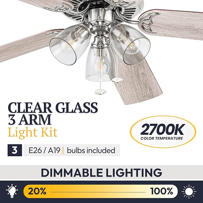 Prominence Home Saybrook Modern Farmhouse 52 Inch Ceiling Fan with Light, LED Ceiling Fan, Tri-Mount Indoor Fan with 5 Blades, Gray Oak and Brown Walnut Blade Finish Options, Matte Nickel (51592-01)