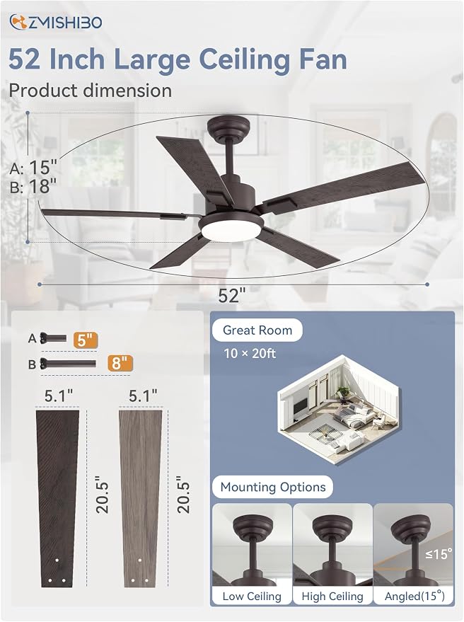 ZMISHIBO 52 inch Bronze Ceiling Fans with Lights and Remote, Indoor/Outdoor Farmhouse Ceiling Fan for Bedroom Living Room Patio, 6 Speed Reversible Quiet DC Motor, 3 CCT, Dual Finish Blades