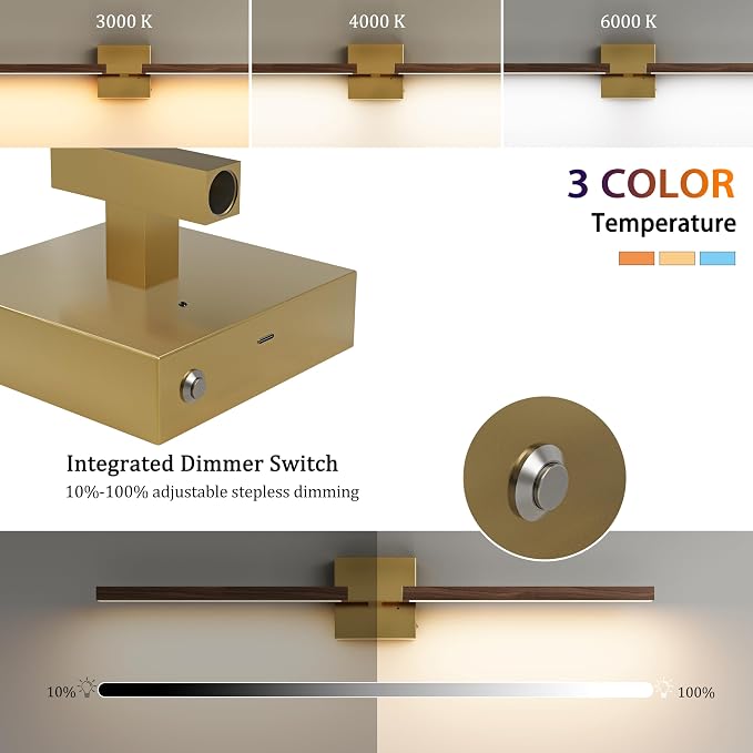 Rayogale Gold & Walnut Wireless Wall Sconce with Remote Control, 24 Inch | 3000/4500/6000K Dimmable 8000mAh Rechargeable Battery Wall Sconces Set of Two with Timer for Living Room, Bedroom