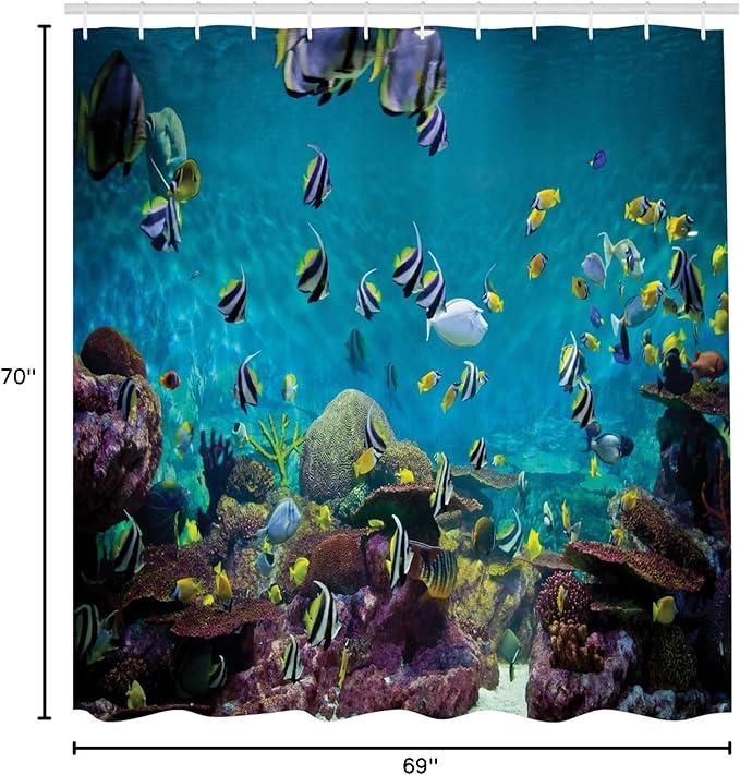 Ambesonne Ocean Shower Curtain, Untouched Wild Underwater Aquatic World Corals Exotic Fishes Seascape, Cloth Fabric Bathroom Decor Set with Hooks, 69" W x 70" L, Purple Lilac