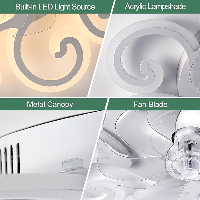 White Flower Modern Ceiling Fan with Lights, Low Profile Ceiling Fan with Remote for Bedroom, Flush Mount Ceiling Fans with LED Dimmable Light, 6-Speeds, Timing CeilingFan Light-yun