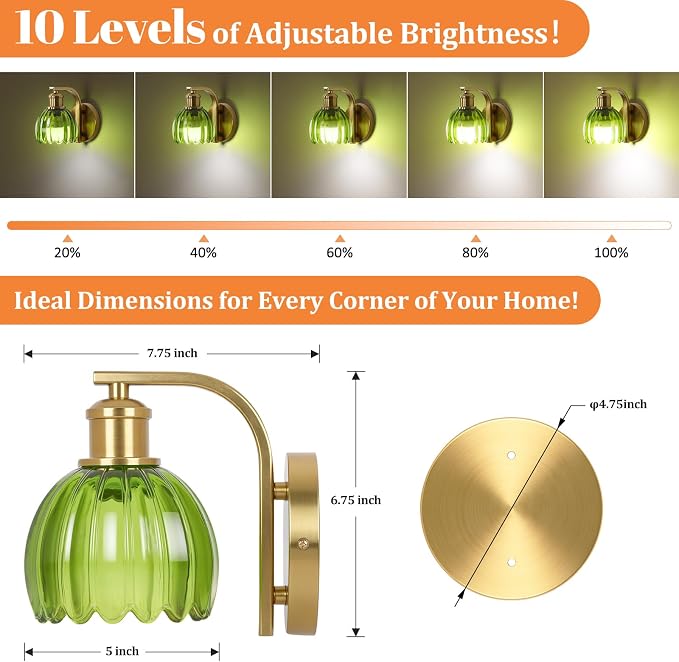 Rechargeable Battery Operated Wall Sconce Set of Two with Green Glass Lampshade, Wireless Battery Powered Wall Lamp with Remote Control, 15 Colors Gold Wall Light for Bedside Hallway Bedroom Doorway