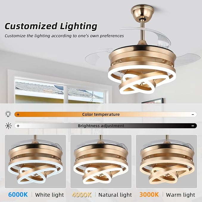 Retractable Ceiling Fan with Lights,Dimmable,6 speeds,DC Motor,Modern DIY Ceiling Fan with Lights Remote Control for Bedroom Living Room Kitchen (Gold, 36 inch)