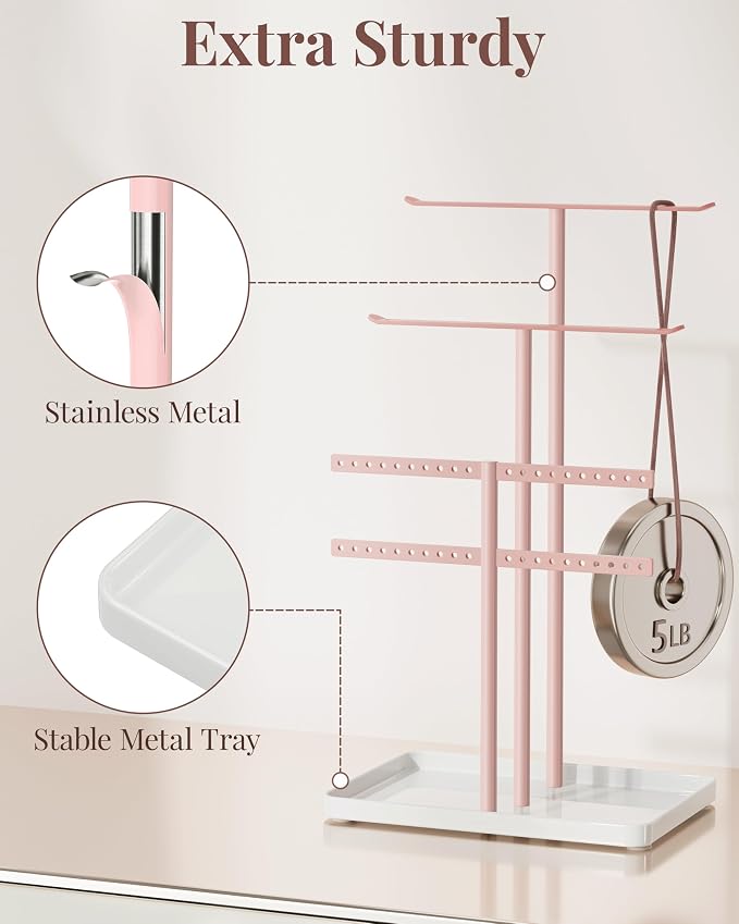 pickpiff Pink Jewelry Organizer: 14.5" Sturdy Stand for 80 Pcs Jewelry