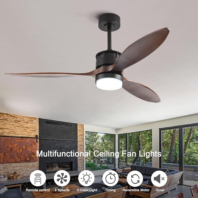 Ceiling Fans with Lights, 52 Inch Indoor Outdoor Ceiling Fan, Wood Ceiling Fan with Remote Control, Noiseless Reversible DC Motor Fan Light for Farmhouse/Living Room/Bedroom/Study