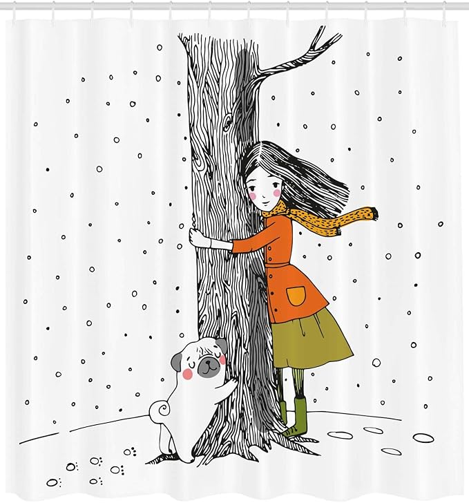 Ambesonne Dog Shower Curtain, Young Girlnd Pug Dog Holding Tree in The Snowy Weather Illustration, Cloth Fabric Bathroom Decor Set with Hooks, 69" W x 84" L, White Black