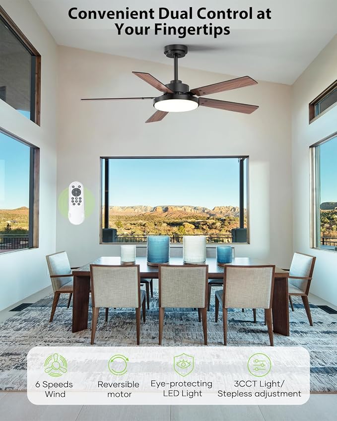 52 inch Black Ceiling fan with Light and Remote/APP, Ceiling Fans with Lights, 3CCT, Reversible 6 Speeds Quiet, Black Modern Ceiling Fan with Light for Indoor Outdoor Bedroom Patio Living Room