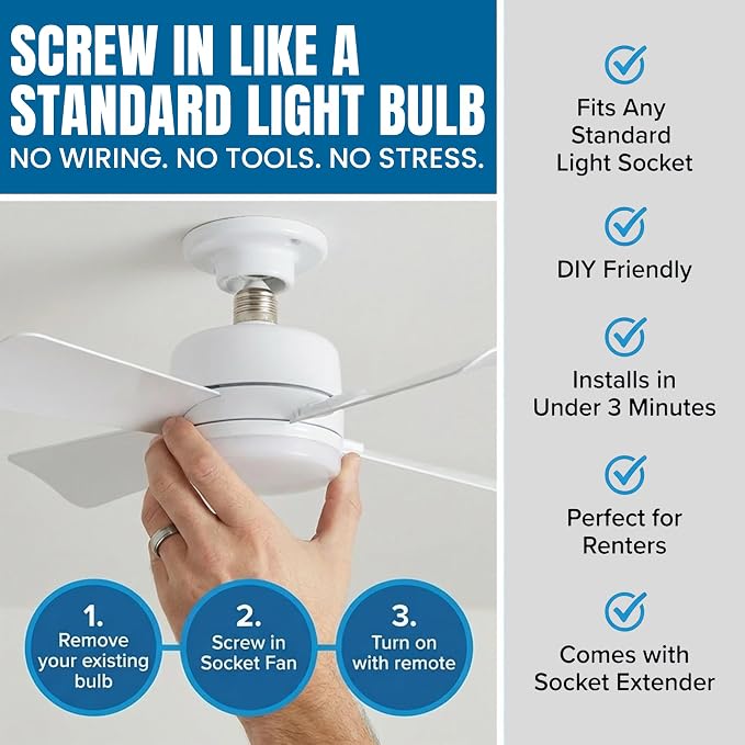 Bell+Howell Socket Breeze 15.4" Socket Fan Light with Remote Control | 1000 Lumens, Portable, Easy to Install Ceiling Fan Replacement for Bedroom, Kitchen, Living Room