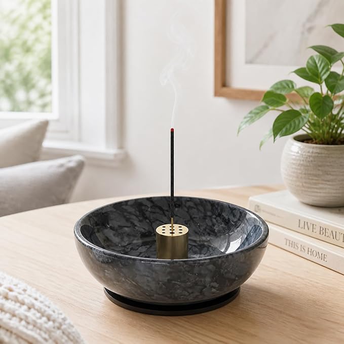 Natural Marble Incense Holder, 4.72 Incense Holder for Sticks with 9 Holes, Handmade Incense Burner for use in Meditation/Palo Santo/Sage/Cone (Black)