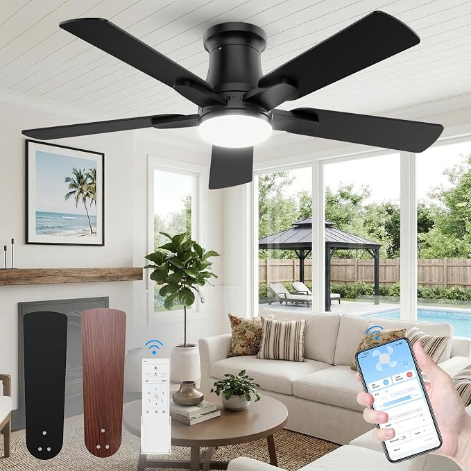 52 Inch Ceiling Fan with Light, Flush Mount Low Profile, Remote & APP Control, Silent Reversible DC Motor, 3CCT Dimmable LED, Black Modern for Bedroom Living Room