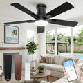 52 Inch Ceiling Fan with Light, Flush Mount Low Profile, Remote & APP Control, Silent Reversible DC Motor, 3CCT Dimmable LED, Black Modern for Bedroom Living Room