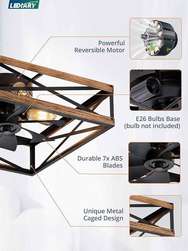 LEDIARY 23” Caged Flush Mount Square Ceiling Fans with Lights and Remote | 6 Speed and Reversible, Small Farmhouse Rustic Bladeless Ceiling Fan Low Profile for Bedroom, Kitchen, Dining Room