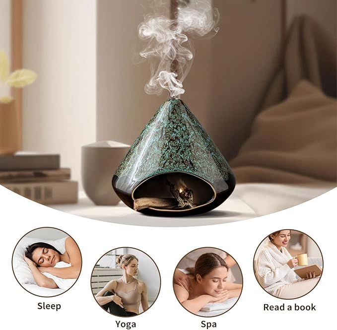 Handcrafted Ceramic Palo Santo Holder –Artistic Incense Burner for Meditation, Mindfulness & Zen Home Decor – Wabi-Sabi Style Cone Sculpture, Relaxation & Aromatherapy-Gift for Yoga (Viridis)