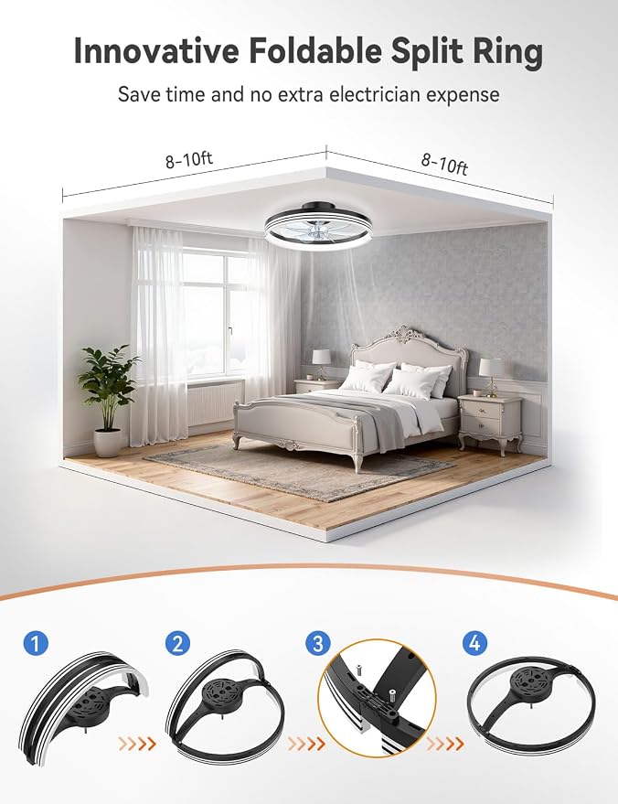 AKOFUN 18" Ceiling Fans with Lights and Remote, Low Profile Flush Mount Ceiling Fan with Light, 3000-6500K Dimmable LED Fan Light, Modern Bladeless Fandelier Ceiling Fans for Bedroom, Black Stripes