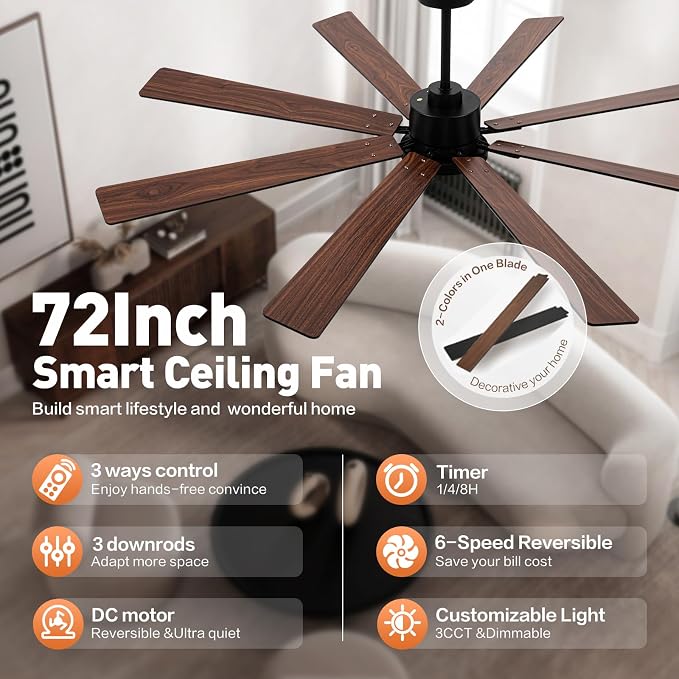 Minislak 72 Large Smart Ceiling Fan with Lights and Remote,Black Indoor & Outdoor Ceiling Fan for Living Room,Patio,6 Speed,Quiet DC Motor,3CCT,8 Wooden Blades