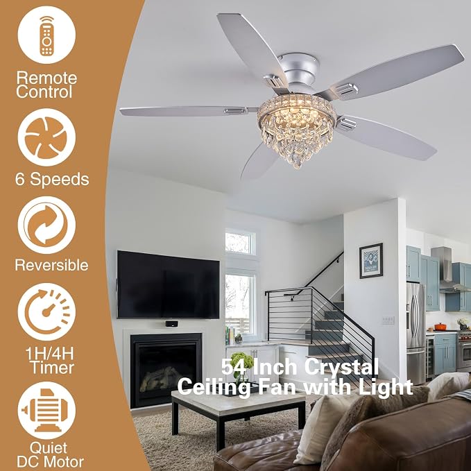 Crystal Ceiling Fan Fandelier with Lights-Ceiling Fans with Lights,54" Low Profile and Remote Control, Flush Mount, Reversible, Dimmable, Noiseless, Sliver Ceiling Fan for Bedroom