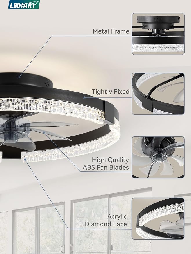 LEDIARY Ceiling Fans with Lights, Low Profile Flush Mount Ceiling Fan, Dimmable LED, APP & Remote Control, Quiet Reversible DC Motor, 6 Speeds, Fandelier for Bedroom (Black, 19.7 inch)