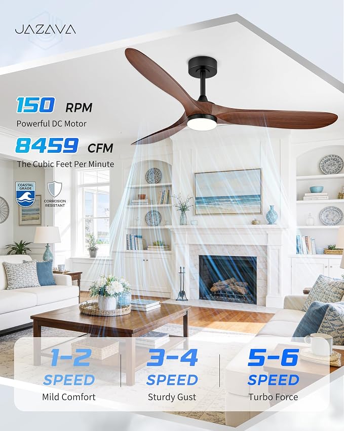 60" Ceiling Fan with Light, Damp Rated for Covered Outdoor Patio, Wood-Grain ABS Blades, Quiet DC Motor, 3CCT Dimmable LED, Remote Control, Modern Large Ceiling Fan, ZCCF08WD-60