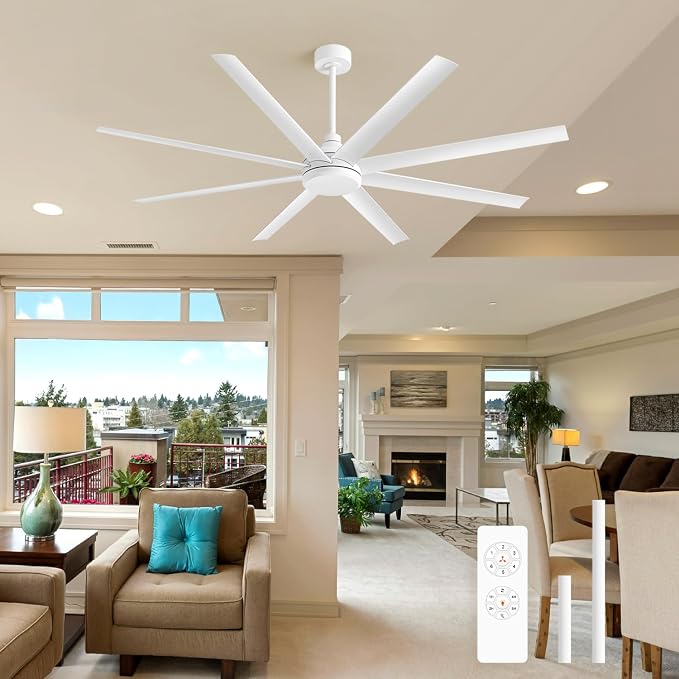 72 Inch Ceiling Fan No Light, Modern Ceiling Fan with Remote Control, Quite DC Motor 8 Reversible Blades Indoor Outdoor Industrial Ceiling Fan without Light For Living Room Bedroom Patio Garage-White