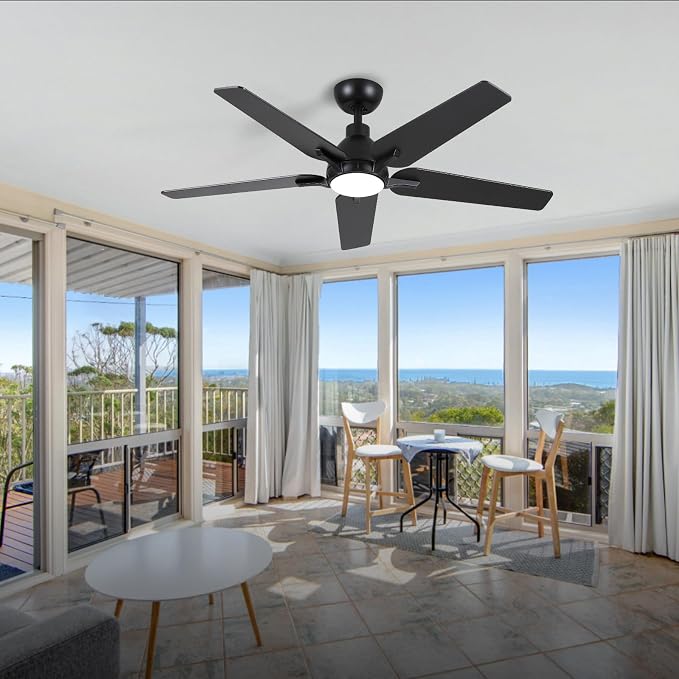 52 Inch Ceiling Fan with Light and Remote Control, Black | 6-Speed Quiet Reversible DC Motor, 3CCT Dimmable 24W LED Light,5 Wood Blades,Used for Bedroom, Living Room, Covered Patio