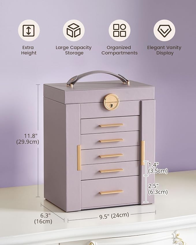 Lolalet Large Jewelry Box Organizer for Women, 6-Layer Jewelry Organizers and Storage Case with Mirror & 5 Drawers, Lockable Watch Ring Earring Bracelet Necklace Holder Girls Gift -6Layer, HazePurple
