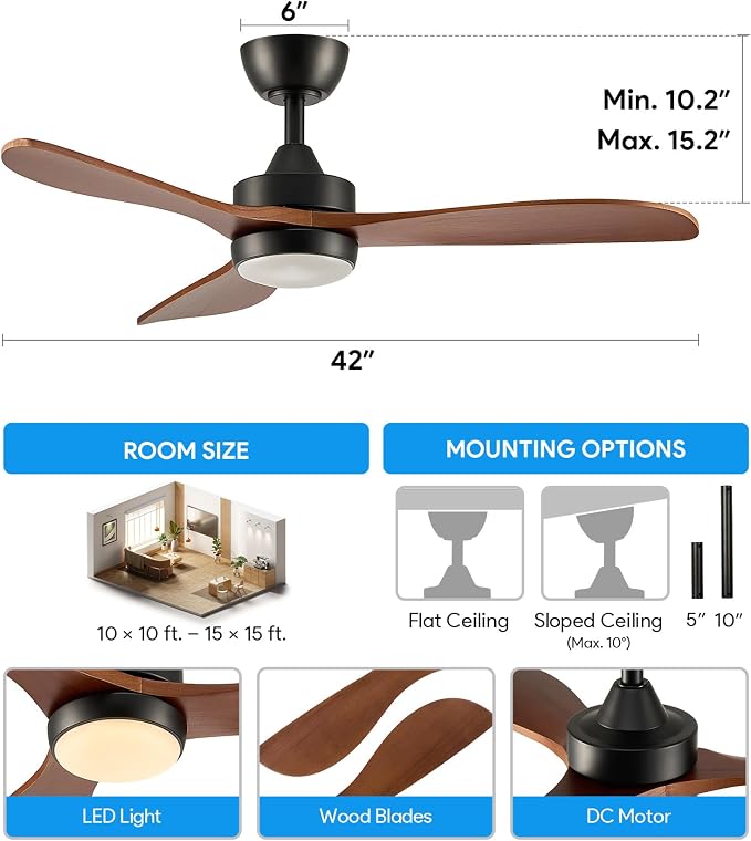 VONLUCE Wood Ceiling Fan with Lights, 42 Inch Ceiling Fan and Remote, 6-Speeds Quiet Reversible DC Motor, 3CCT, 3 Blades Outdoor Ceiling Fan for Patios Farmhouse, Black