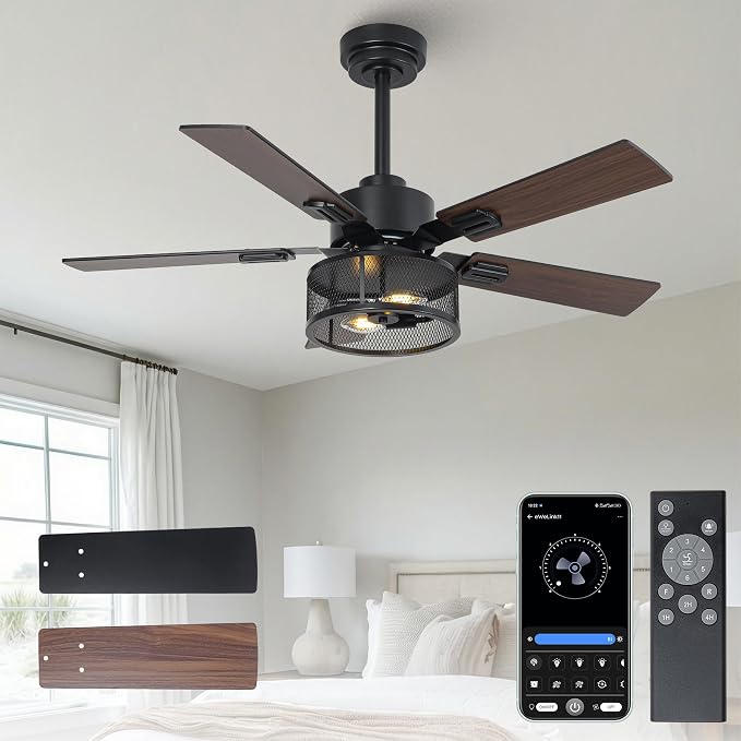 42" Farmhouse Ceiling Fan with Light and APP & Remote Control, 6-Speed Reversible Quiet DC Motor, Black Industrial Rustic Caged Ceiling Fan for Bedroom Apartment Patio, Timing Function