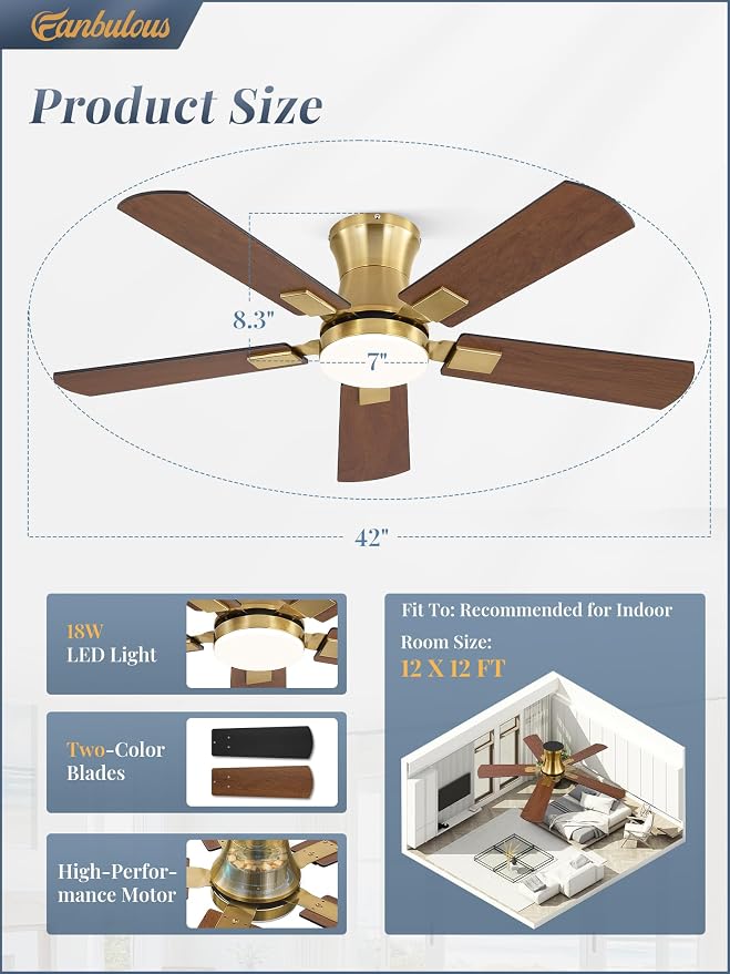 Fanbulous 42 inch ceiling fan with light, Low Profile Ceiling Fan with Light, App&Remote Control, Dimmable LED Light, Flush Mount Ceiling Fan for Indoor Bedroom Living Room, Qiuet DC Motor