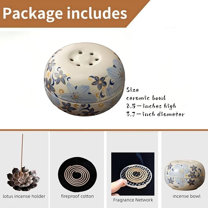 Blue Ceramic Incense Burner - Lily Flower Pattern insence Holder for Frankincense, Bakhoor, Charcoal, Stick, Powder, Cone, Coil, and Tower Incense