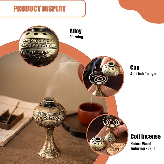 Chinese Incense Burner-Han Pantterned Plum Design, Antique Bronze Alloy Coil Holder for Yoga, Meditation, Home Office Desk Decor, Artistic Ornament with Incense Coils (Bronze)