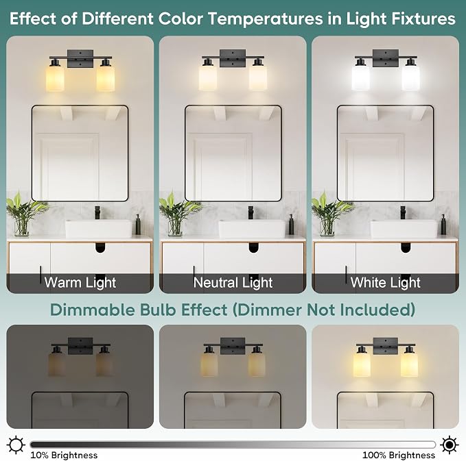 Ascher Bathroom Light Fixtures, 2-Light Vanity Light Over Mirror, Matte Black Wall Sconces with Milky White Frosted Glass Shades, Wall Lamp for Living Room Bedroom, E26 Base(Bulbs Not Included)