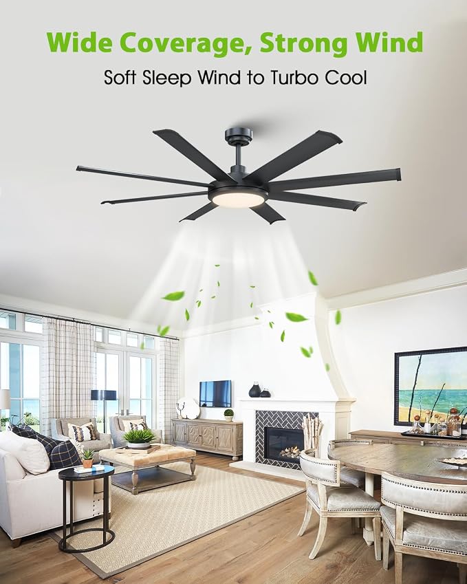 60 inch Black Ceiling Fan with Light and Remote, Industrial Ceiling Fan, Ventilador de Techo, 6 Speed Quiet DC Motor, 8 Blades, Large Ceiling Fans for Garage, Living Room, Home Office