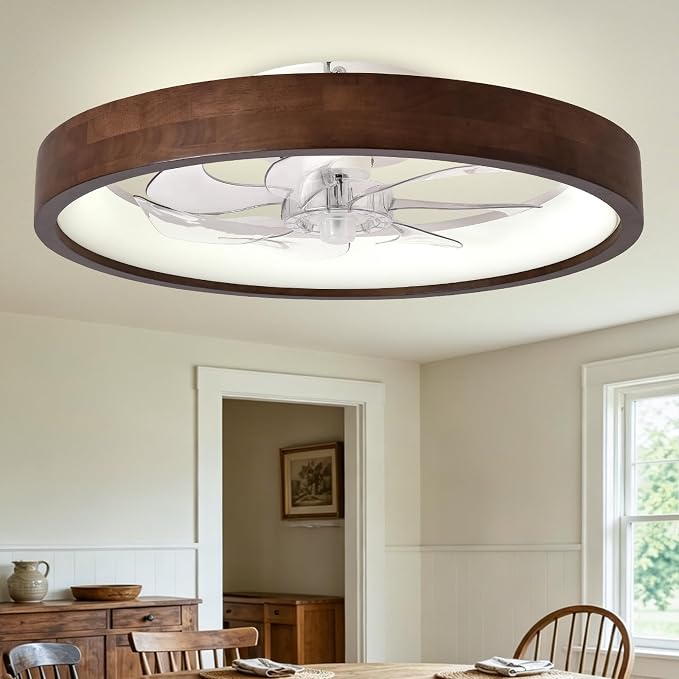 24'' Ceiling Fan with Light Fandelier Flush Mount Low Profile Wood Ceiling Fan with Dimmable LED Light 3 Color 6 Speeds