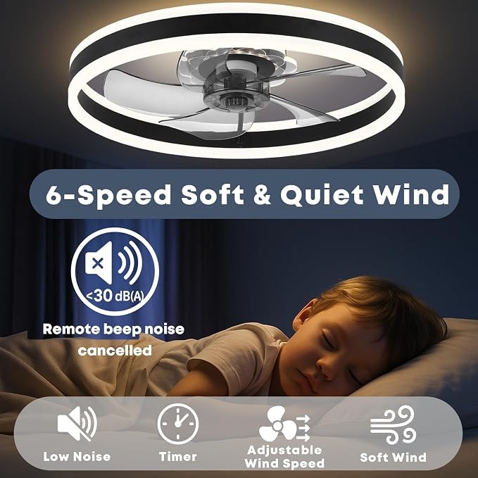 FSZDORJ 24'' Ceiling Fan with Light and Remote, Low Profile Ceiling Fan with Light, Dimmable Flush Mount Ceiling Fan Light, 6 Speeds Fan, App&Remote Control, Fandelier Quiet Fan for Bedroom F105 Black