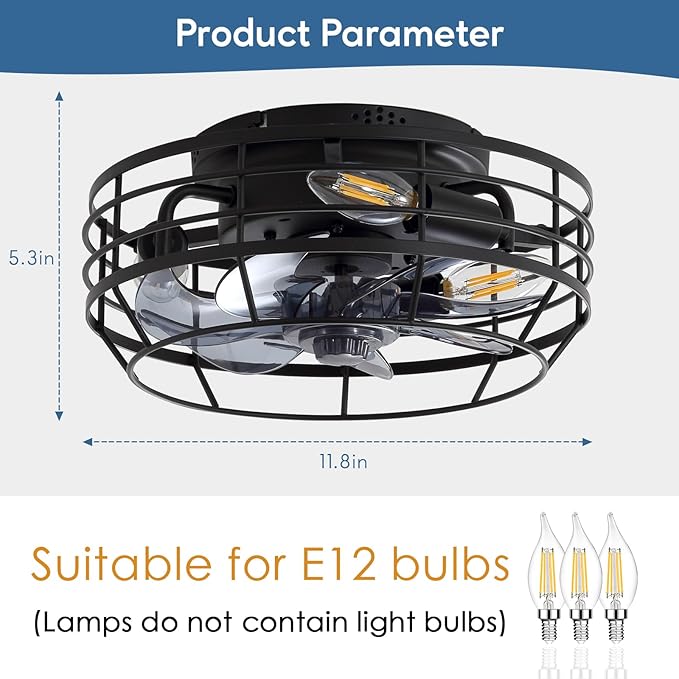 Farmhouse Caged Ceiling Fan with Light, Bladeless Flush Mount Fan Lights Ceiling Fixtures with Remote, 12 in 6 Speeds Indooor Lights for Kitchen, Living Room, Bedroom, Black