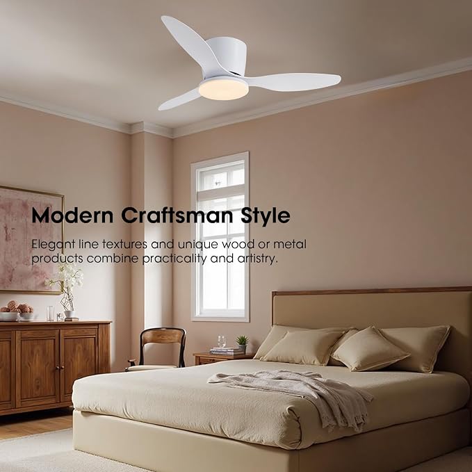 52 Inch Flush Mount Ceiling Fans with Lights and Remote Control, White Low Profile Ceiling Fan for Bedroom, Living Room,Office,Kitchen,Patios Indoor and Outdoor Use