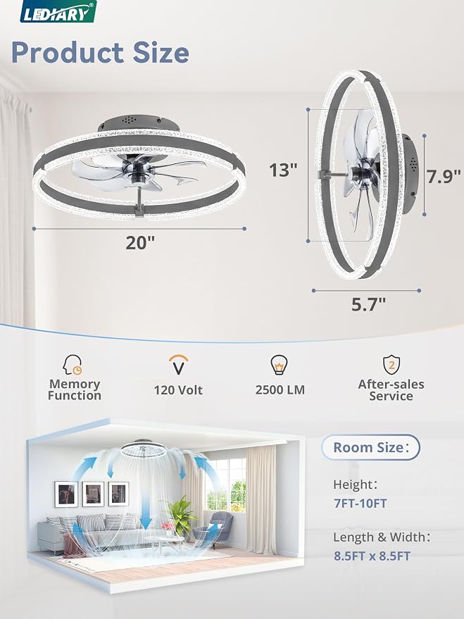 LEDIARY Ceiling Fans with Lights and Remote, 20'' Low Profile Ceiling Fan with Light, 3000-6000K Dimmable Fandelier Ceiling Fans, Modern Flush Mount Fan Light for Bedroom with 6 Wind Speeds-Sandy Gray