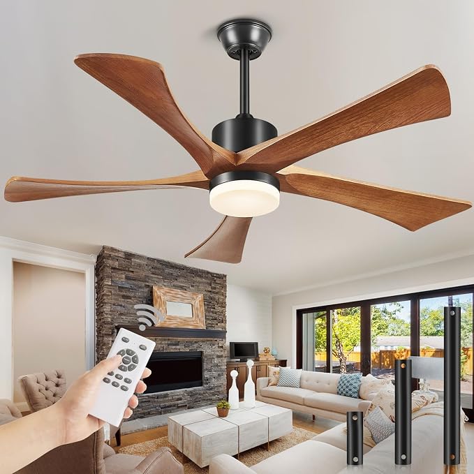 72 Inch Ceiling Fan with Lights and Remote, USA Original Patent 72" Large Ceiling Fan, 3 Downrods, 5 Wood Blades, ETL Listed, 6 Speeds Quiet DC Motor Outdoor Indoor Modern Fan, 72", Walnut