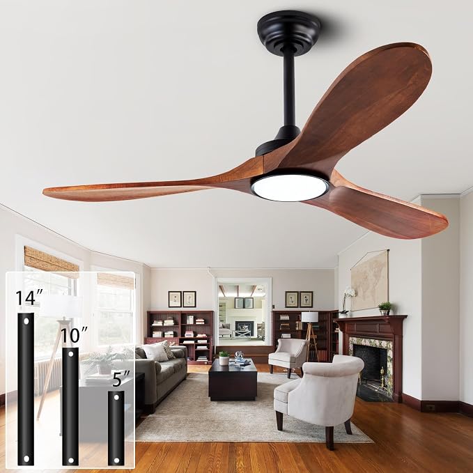 QUTWOB 42" Wood Ceiling Fan with Light, Reversible DC Motor, Remote Control | solid wood blades, quiet 6-speed reversible dc inverter motor, remote control, 3-color led, for indoor outdoor patio garage