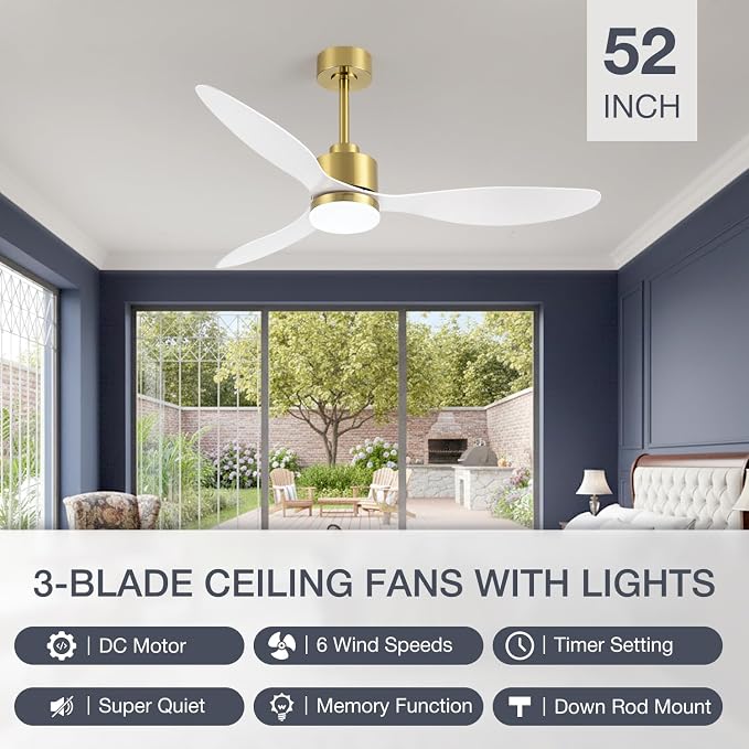 52" Contemporary Ceiling Fans with Lights and Remote, Quiet DC Motor, 3 Reversible Blades, 6-Speed, Modern Gold and White Low Profile Ceiling Fan with 3-Color LED Light Fandelier for Bedroom
