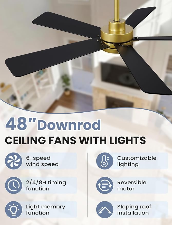 48 Inch Ceiling Fan with Lights and Remote, Downrod Mount, Sloped Ceiling Compatible up to 15°, Quiet Reversible DC Motor, 3CCT Dimmable LED, Gold Ceiling Fan for Bedroom Living Room