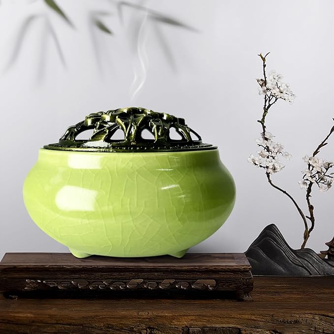 Ceramic Incense Burner, Bowl Burner,Cone Incense Burner with Brass lid for use with Stick or Cone-Shaped Incense，Lotus Incense Stick Holder Calabash Incense Stick Holder, 3pc (Light Green)