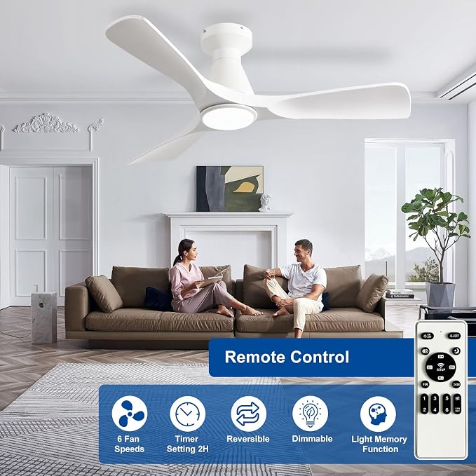 Depuley 42-Inch Ceiling Fans with Lights: White 3 Blade Flush Mount Low Profile Ceiling Fan for Bedroom - Dimmable Indoor Outdoor Fan with Remote Control Ultra Quiet DC Motor Timer
