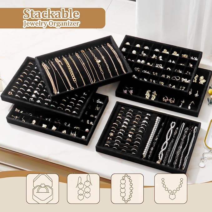 Large Velvet Jewelry Tray 2 Pack Stackable Jewelry Display Drawer Inserts Trays Organizer for Earring Bracelet Necklace Ring (Black, 12 Grids)