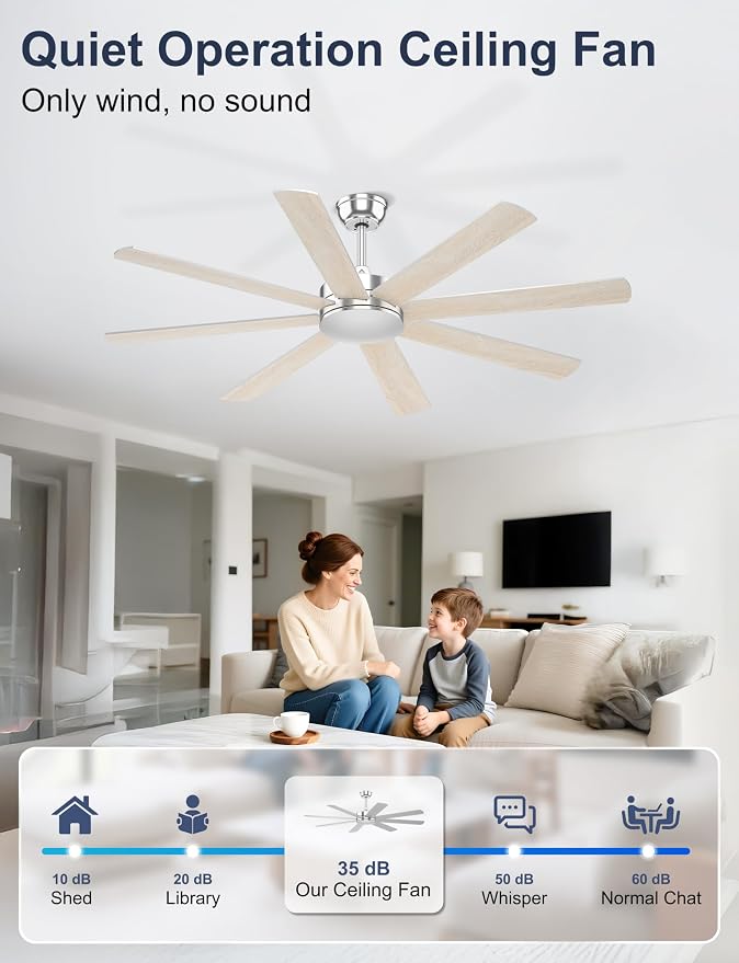 60'' Silver Ceiling Fan With No Lights for Indoor/Covered Outdoor | Remote/APP Control, 5980 CFM Airflow, Quiet DC Motor, Reversible Airflow, 8 Blades Modern Overhead Fan for Patio, Garage